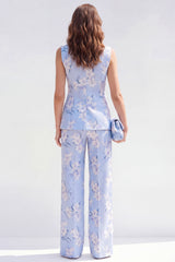 2 Piece Blue Shawl Lapel One Button Jacquard Floral Women Suits