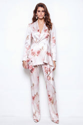 2 Piece White Red Flower Satin Peak Lapel Double Breasted Floral Women Suits