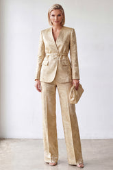 2 Piece Golden V-Neck Jacquard Women Suits with Belt