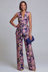2 Piece Navy Pink Floral V-Neck Women Suits with Belt