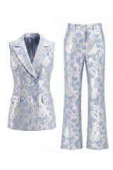 2 Piece Dusty Blue Floral Double Breasted Peak Lapel Women Suits
