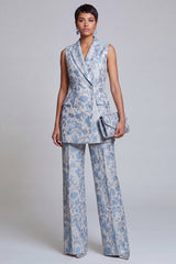 2 Piece Dusty Blue Floral Double Breasted Peak Lapel Women Suits