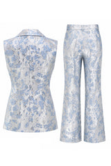 2 Piece Dusty Blue Floral Double Breasted Peak Lapel Women Suits