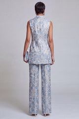 2 Piece Dusty Blue Floral Double Breasted Peak Lapel Women Suits