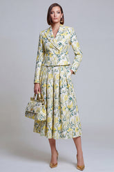 2 Piece Ivory Yellow Flower Peak Lapel Women's Skirt Suits with Pockets