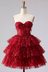 A-Line Burgundy Sweetheart Corset Tiered Sequins Homecoming Dress
