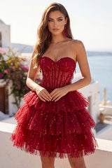 A-Line Burgundy Sweetheart Corset Tiered Sequins Homecoming Dress