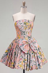A-Line Grey Corset Floral Strapless Jacquard Homecoming Dress with Bow