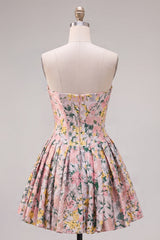 A-Line Grey Corset Floral Strapless Jacquard Homecoming Dress with Bow