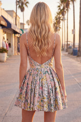 A-Line Grey Floral Spaghetti Straps Backless Short Homecoming Dress