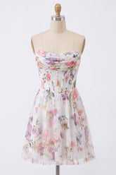 A-Line Strapless Ivory Floral Chiffon Ruched Corset Homecoming Dress