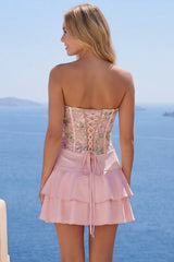 A-Line Pink Floral Spaghetti Straps Homecoming Dress with Ruffles