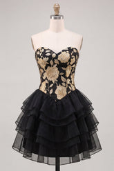 A-Line Gold and Black Sweetheart Floral Tiered Homecoming Dress with Lace Up Back