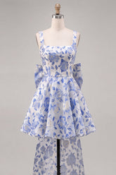 A-Line Light Blue Square Neck Jacquard Bow Homecoming Dress with Lace Up Back