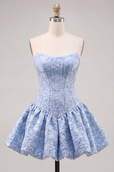 A-Line Blue Jacquard Floral Corset Strapless Homecoming Dress