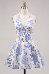 A-Line Halter Neck Light Blue Cut Out Floral Corset Backless Homecoming Dress