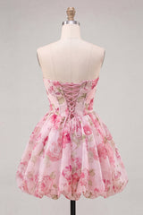 A-Line Pink Sweetheart Floral Chiffon Homecoming Dress with Lace Up Back
