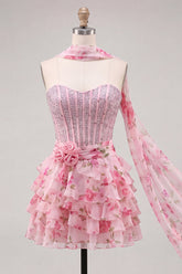 A-Line Pink Sweetheart Corset Tiered Floral Beaded Homecoming Dress with Neck Scarf