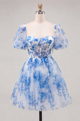 A-Line Blue Square Neck Corset Floral Homecoming Dress with Lace Up Back