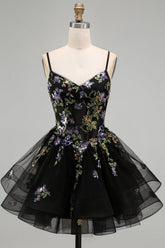 A-Line Black Floral Tiered Spaghetti Straps Organza Homecoming Dress with Lace Up Back