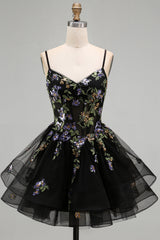 A-Line Black Floral Tiered Spaghetti Straps Organza Homecoming Dress with Lace Up Back