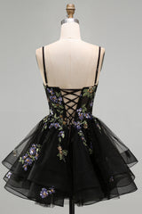 A-Line Black Floral Tiered Spaghetti Straps Organza Homecoming Dress with Lace Up Back
