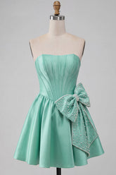 A-Line Mint Green Satin Strapless Lace Up Back Pearl Corset Homecoming Dress with Bow