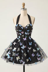 A-Line Black Halter Neck Corset Lace Up Back Short Homecoming Dress with Butterfly