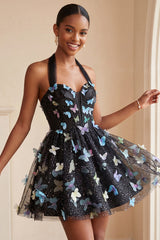 A-Line Black Halter Neck Corset Lace Up Back Short Homecoming Dress with Butterfly