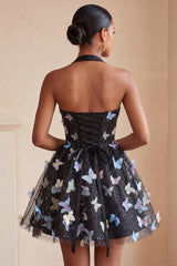 A-Line Black Halter Neck Corset Lace Up Back Short Homecoming Dress with Butterfly