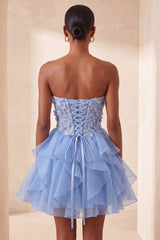 A-Line Sky Blue Sweetheart Sheer Corset Ruffled Lace Up Back Homecoming Dress