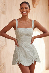 A-Line Dusty Sage Square Neck Jacquard Floral Lace Up Back Homecoming Dress with Bow