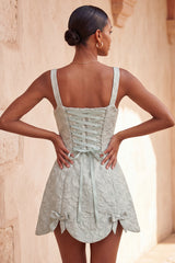 A-Line Dusty Sage Square Neck Jacquard Floral Lace Up Back Homecoming Dress with Bow
