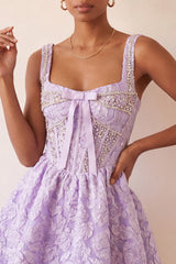 A-Line Light Purple Square Neck Corset Jacquard Lace Up Back Beaded Homecoming Dress