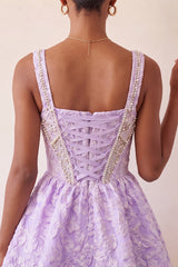 A-Line Light Purple Square Neck Corset Jacquard Lace Up Back Beaded Homecoming Dress