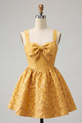 A-Line Jacquard Yellow Floral Lace Up Back Homecoming Dress with Bow