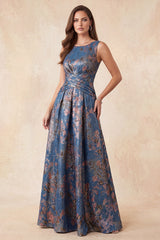 A-Line Navy Jacquard Floral Round Neck Ruched Long Formal Dress