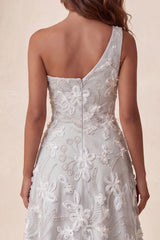 A-Line Light Grey One Shoulder Floral Midi Formal Dress