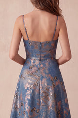 A-Line Navy Jacquard Floral Spaghetti Straps Ruched Long Formal Dress