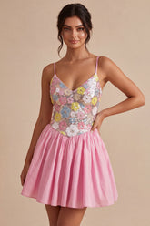 A-Line Pink Floral Spaghetti Straps Homecoming Dress with Sequins