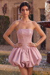 A-Line Pink Strapless Corset Satin Homecoming Dress with Beading