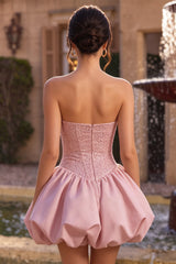 A-Line Pink Strapless Corset Satin Homecoming Dress with Beading