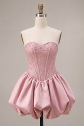 A-Line Pink Strapless Corset Satin Homecoming Dress with Beading