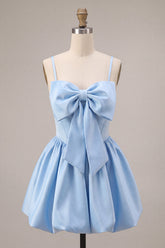 A-Line Sky Blue Satin Spaghetti Straps Corset Homecoming Dress with Bow