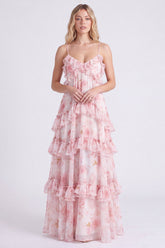 A-Line Pink Floral Chiffon Tiered Spaghetti Straps Long Bridesmaid Dress with Ruffles