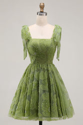 A-Line Pearls Beaded Floral A-Line Homecoming Dress with Tie Straps