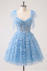 A-Line Floral Sheer Corset Sequins Homecoming Dress with Lace Up Back