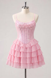 A-Line Pink Tiered Corset Sequins Homecoming Dress with Lace Up Back