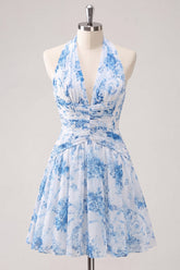 A-Line Light Blue Halter Neck Floral Ruched Homecoming Dress