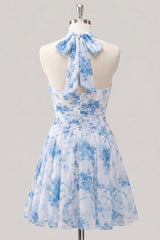 A-Line Light Blue Halter Neck Floral Ruched Homecoming Dress
